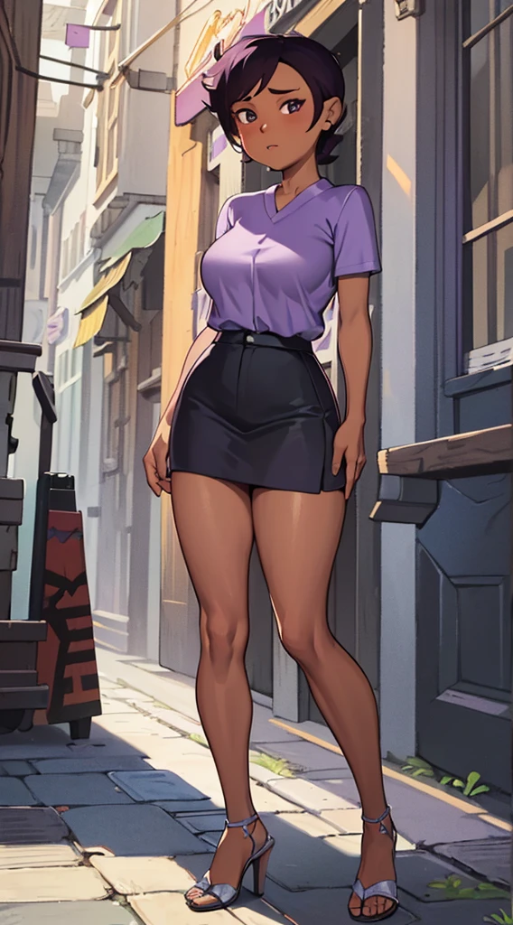 Luz Noceda, massive breasts, cleavage, ((purple and white small shirt and a black stripped miniskirt)), high quality fanart, open legs Style, official fanart, , official art, (nsfw), barefoot, ((open-toe wedge heels))