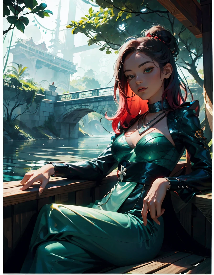 A character lounging on an overgrown wooden bridge, illustrated in the style of cool and stylish with black outlines. The background is a lush jungle under a red sun. She wears dark adorned with bright patterns and has green hair tied back. A cigar hangs from her mouth as she smokes it while gazing out at the water below. Green leaves line both sides of the wooden structure, adding to its adventurous feel. --ar 3:4 --niji 66