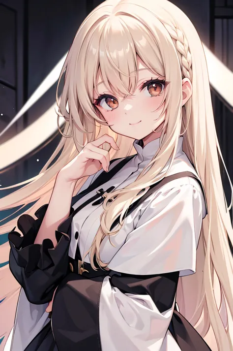 sister claire,cream colored hair,long hair,brown eyes,smiling,viewer&#39;s perspective,black clothes,plump,medium chest,big thig...