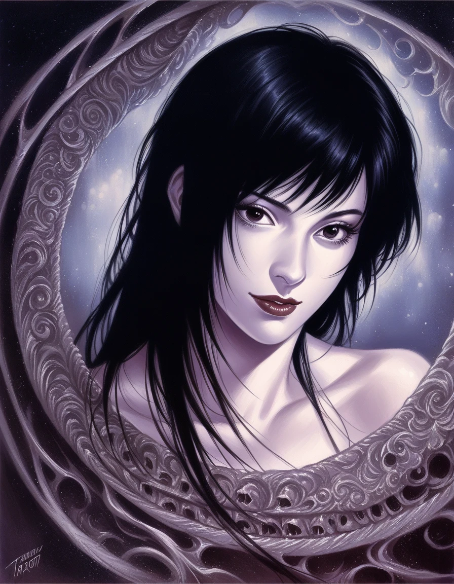 A close-up portrait featuring a woman with long, flowing black hair, her face twisted into a disturbingly beautiful smile, in the style of Junji Ito, high definition, high quality, detailed illustration, eerie, horror, manga, Junji Ito inspired, dark aesthetic, twisted beauty, chilling, macabre, trending in horror art, intricate details, sharp focus, black and white, hauntingly beautiful, realistic artwork by Junji Ito, trending on ArtStation, trending on CGSociety.