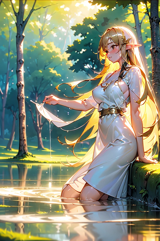 masterpiece, best quality, 1 girl, solo, large breasts, long hair, golden hair, dark brown eyes, elf, forest, bathe in the lake, from between the trees, white babydoll, (wet:1.2), (sunlight filtering through the trees:1.2), (splash of water:1.2), dynamic angle