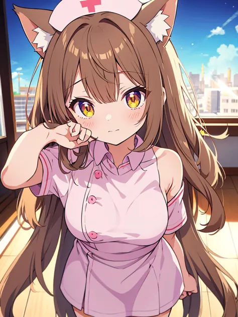 An anime girl with cat ears and a cat tail, dressed as a nurse. She has long, straight light brown hair that falls softly over h...