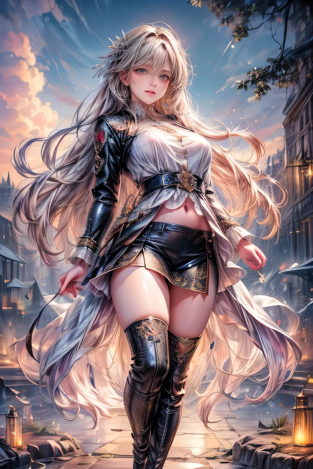 beautiful cute girl, heart-shaped sunglasses on forehead, black trench coat, hair flowing in the breeze, thigh-high boots, midriff-baring, 1girl, beautiful detailed eyes, beautiful detailed lips, extremely detailed eyes and face, long eyelashes, elegant, graceful pose, soft lighting, pastel color palette, dreamy, whimsical, fantasy, full-body view, (highest quality,16k,highres,masterpiece:1.2),ultra-detailed,(realistic,photorealistic,photo-realistic:1.37),HDR,UHD,studio lighting,ultra-fine painting,sharp focus,physically-based rendering,extreme detail description,professional,vivid colors,bokeh