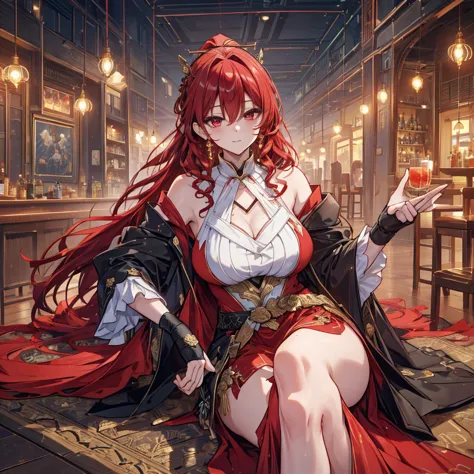 Crossing your legs, Anime style painting, An illustration, Liquor, バーに座ってカクテルを飲むwoman, look return, return, 背景の棚には多彩な色のLiquor瓶が並...