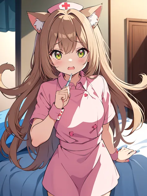 an anime girl with cat ears and a cat tail, dressed as a nurse. she has long, straight light brown hair that falls softly over h...