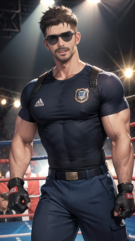 (handsome Man),(Thin mustache:1.1),(crew cut short hair:1.5),black eye,
(navy blue tight-fitting round neck short sleeve T-shirt:1.3),(Police badge:1.3),navy blue cargo pants,(navy_gloves:1,3),(navy_backpack:1.3),(sunglasses:1.3),
Korean guy,chest muscles,large arm muscles,blood vessel,Big muscles,Broad shoulders,(open mouth:1.2),(face up:1.2),(open eyes:1.5),middle of the road,smile,(boxing ring:1.4),