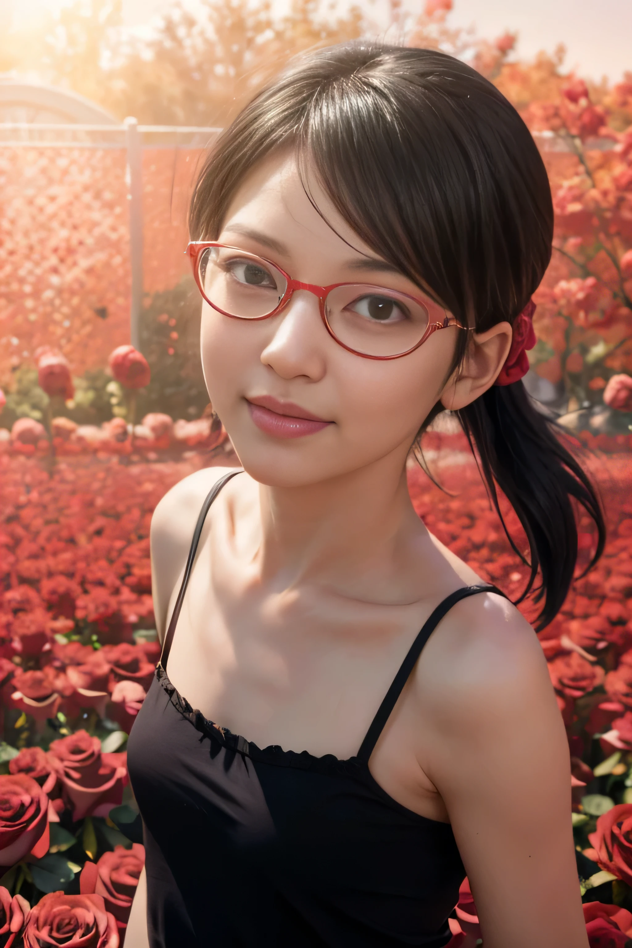 杰作, 最好的质量, (实际的,photo-实际的:1.4), (RAW 照片:1.2), 极其细致的 CG unity 8k 壁纸, 精致, 惊人的,精细细节, 官方艺术, 荒诞, incredibly 荒诞, 巨大的文件大小, 极其详细,极其细致的眼睛和脸部,脸上有光,(小微笑:1.3),(黑发:1.4),(穿着内衣:1.4),(精灵短发:1.4),自然,宇智波萨拉达 ,(戴红框眼镜:1.4),(玫瑰花园背景:1.4),(马尾辫:1.3)