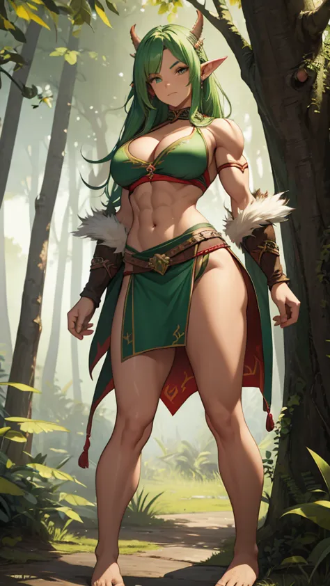Green hair, red skinned, Pointed ears,， Busty female orc，muscle，Abdominal muscles，animal skin top，cleavage，animal skin skirt，，Ba...