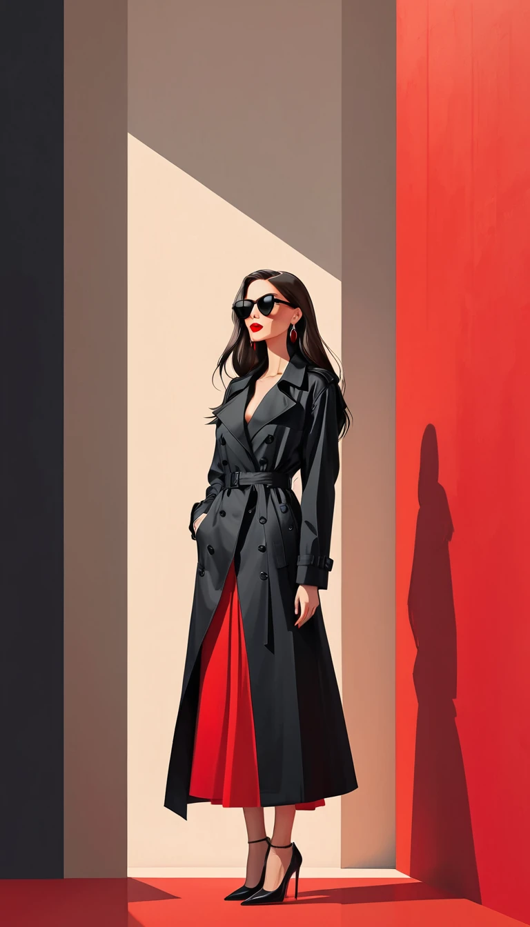 Simple vector illustration，Beautiful girl standing against the wall，Delicate red lips，unique，confidence，Long straight hair，sunglasses，Exaggerated earrings，unique，Staring at the audience），（(Black deep V trench coat：1.37，Red bottoming skirt)）。Looking from the bottom up，Geometric Light and Shadow，Clean and simple red background，watch