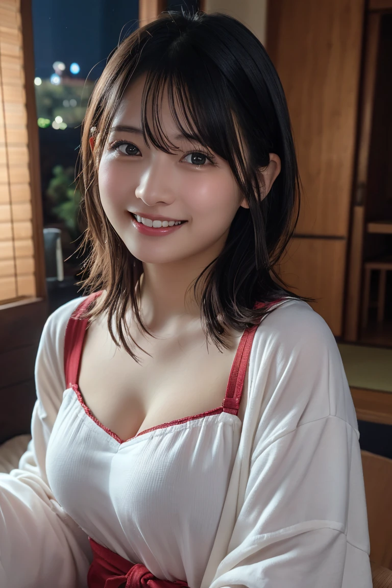 (8K, RAW Photos, Highest quality, High resolution: 1.1), (ultra Realistic: 1.4), (Realistic, Realistic: 1.3), The Beauty of Japan, pajamas, ((Upper Body: 1.3)) High resolution, Realistic image of a Japanese woman with short hair, She has big breasts and red cheeks, Look at that, smile She looks at it, smile, While taking a selfie. Her smartphone is close to her face. She appears to be live streaming from her home., Spread on the bed, With a blanket over my chest.、深night、night