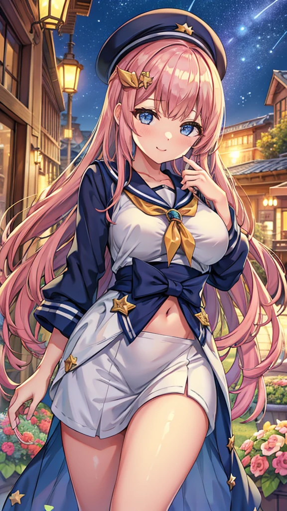 Masterpiece、Highest quality、Super detailed、1 girl、Light pink hair、Fluffy and soft long hair、Starry Skyのような瞳、Big Tits、Cleavage、Too big breasts、Sailor suit、Cafe、Wide open chest、Belly button、Starry Sky、smile