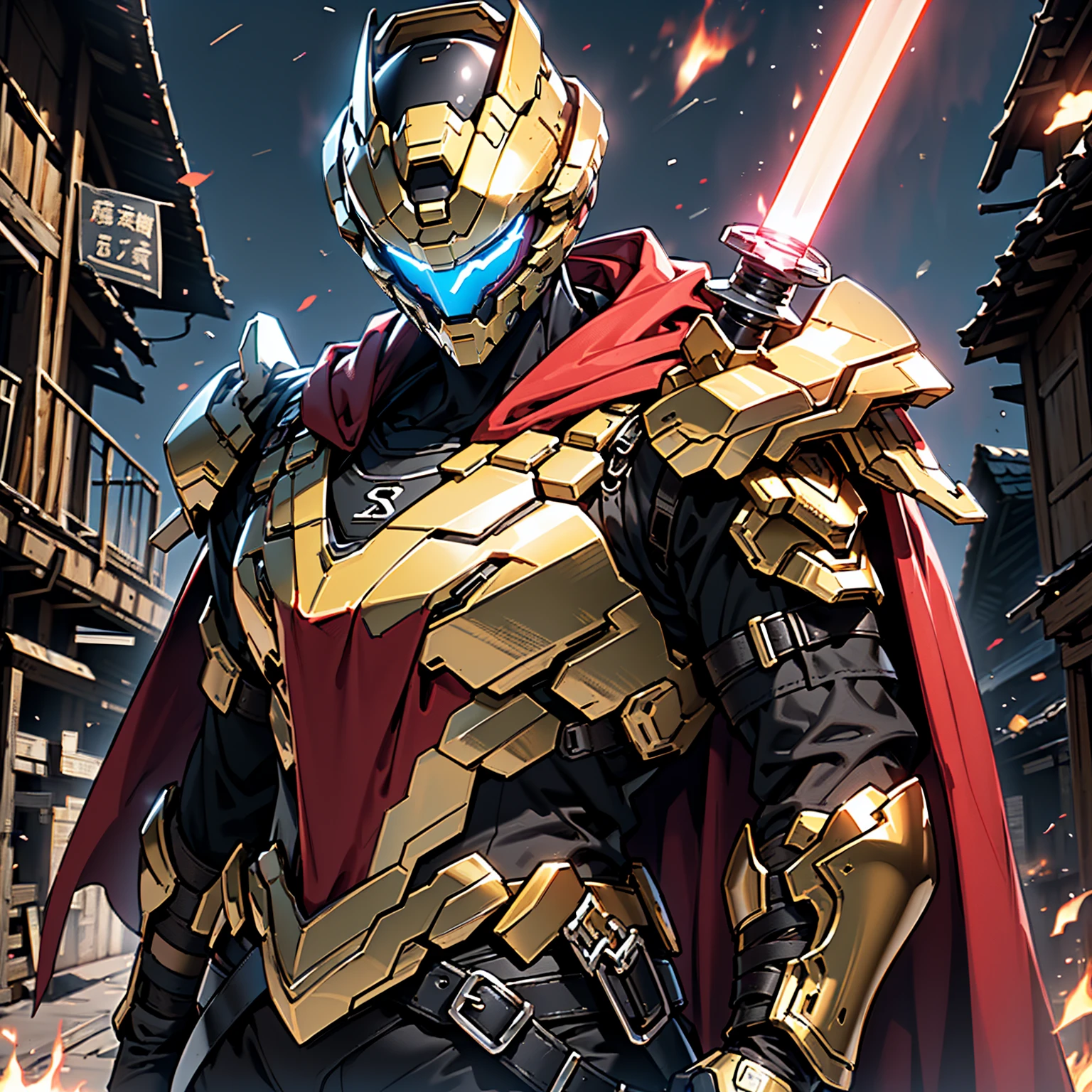 8K quality,(super masterpiece:1.3),Highest quality,Detailed Images,1 knight,BlackKnight,Two Corners,Blue Armor,(Red Capeを着る,Red Cape),(Red Lightsaber),(background:Burning image,night,幻想的なnight空,The end of the world,grassland,Halo),(Holding the sword with both hands,Whole body image),(Face directly towards the camera,Looking directly at the viewer,looking at the camera,The body faces the viewer,The body is facing the direction of the camera,Face looking straight into the camera). 