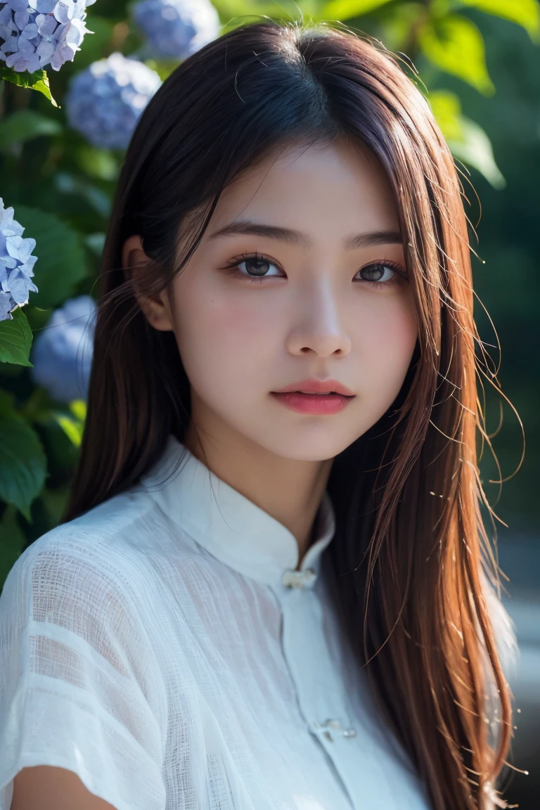 un très détaillé, portrait photoréaliste d&#39;une belle jeune femme asiatique à la peau lisse, grands yeux expressifs, et maquillage naturel. Elle est entourée de buissons d&#39;hortensias luxuriants, avec un éclairage doux et une faible profondeur de champ. L&#39;arrière-plan est légèrement flou pour mettre en valeur son visage. L&#39;image doit capturer son expression sereine et douce, en mettant l&#39;accent sur ses traits délicats et la beauté naturelle de la scène. haute résolution, 8k, ultra-détaillé, chef-d&#39;œuvre, Meilleure qualité. ((robe de porcelaine))、((Haut du corps:1.3))