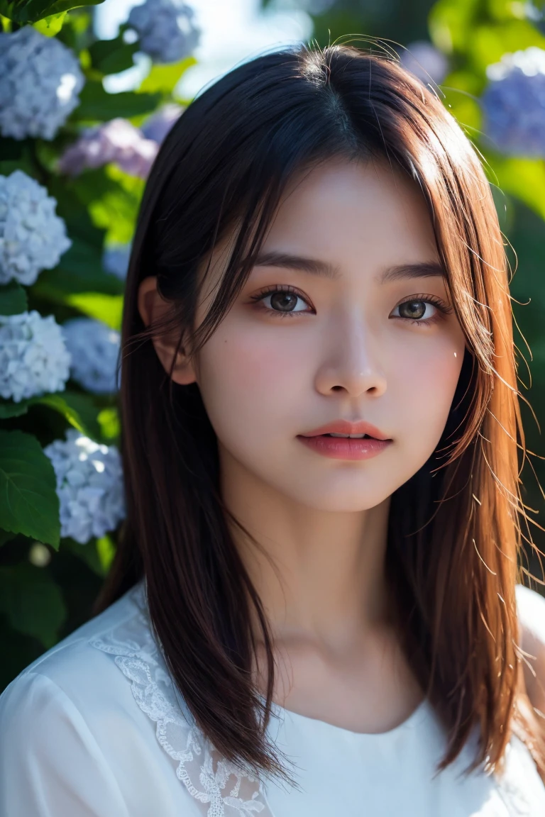 un très détaillé, portrait photoréaliste d&#39;une belle jeune femme asiatique à la peau lisse, grands yeux expressifs, et maquillage naturel. Elle est entourée de buissons d&#39;hortensias luxuriants, avec un éclairage doux et une faible profondeur de champ. L&#39;arrière-plan est légèrement flou pour mettre en valeur son visage. L&#39;image doit capturer son expression sereine et douce, en mettant l&#39;accent sur ses traits délicats et la beauté naturelle de la scène. haute résolution, 8k, ultra-détaillé, chef-d&#39;œuvre, Meilleure qualité. ((robe de porcelaine))、((Haut du corps:1.3))