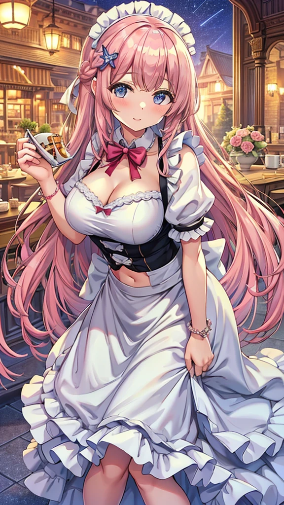 Masterpiece、Highest quality、Super detailed、1 girl、Light pink hair、Fluffy and soft long hair、Starry Skyのような瞳、Big Tits、Cleavage、Too big breasts、Maid clothes、Cafe、Wide open chest、Belly button、Starry Sky、smile