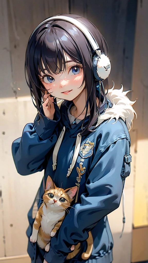 Cute cat with fluffy fur wearing one hoodie and headphones, The background is modern and inorganic, Adorable digital painting, 3D Rendering, Bright lighting, Vibrant colors,