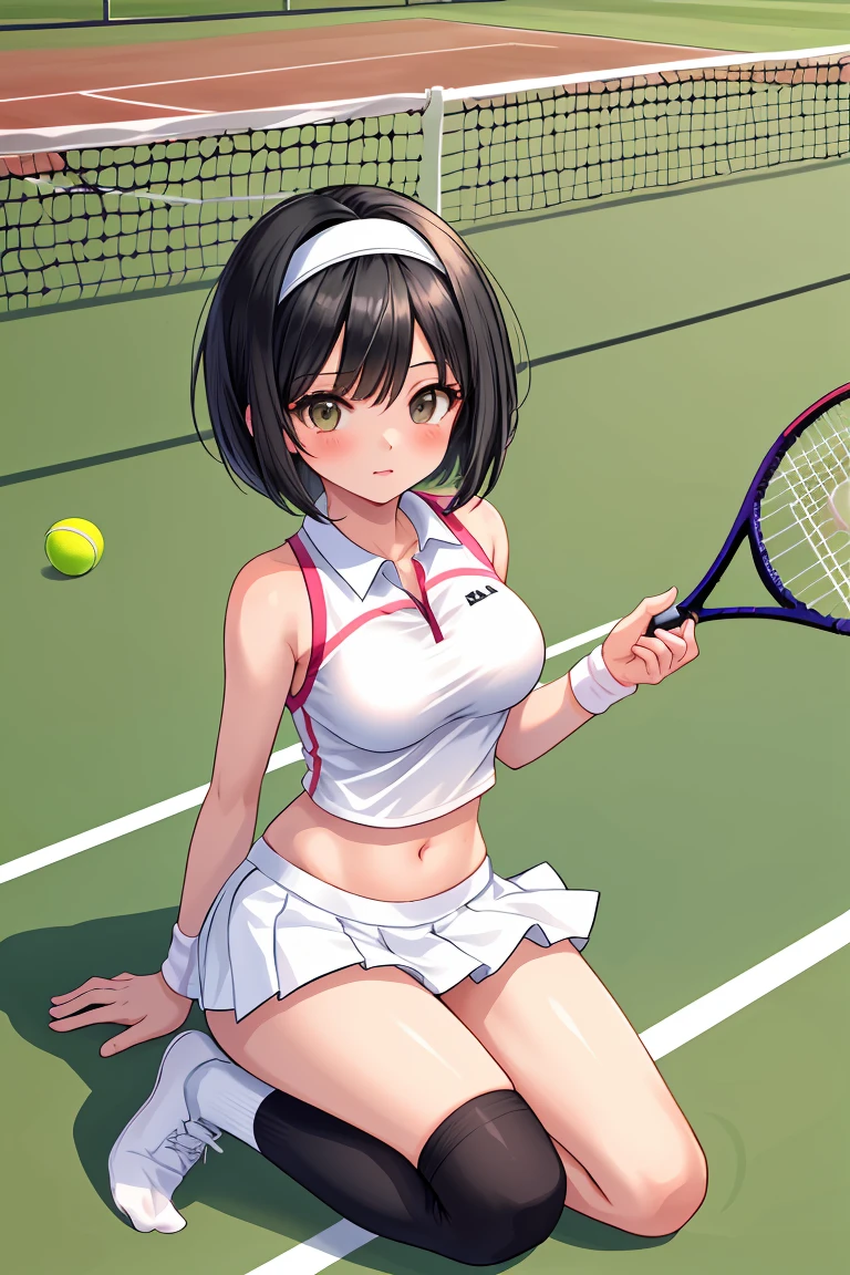 beautiful girl　tennis Club　Beautiful breasts　Black Hair　Short Bob　hair band　tennis field　mini skirt　White panties　Knee-high socks