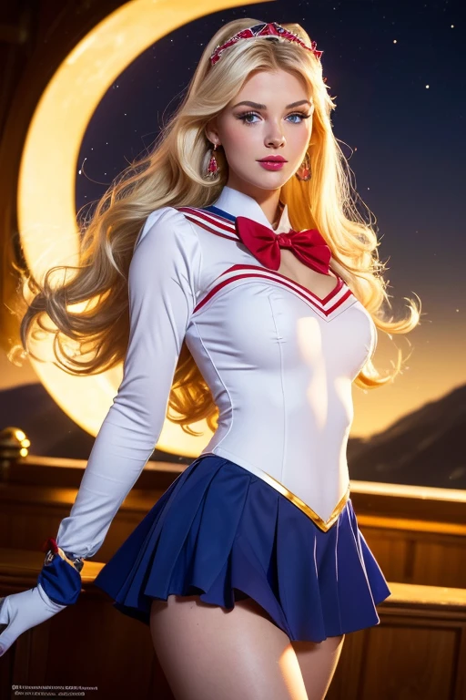 1 sweden girl, sexy girl, strikingly beautiful, blonde hair, big breasts, delicate facial features, porcelain skin, red lips, blue eyes, eyes hook the soul seduces you, ((awe and joy expression)), 18 years old, (Sailor Moon supersailormoon mer1, Tiara, Sailor Senshi Uniform Sailor: 1.2, Sailor Moon: 1.2), (hairstyle of the 1980s),her hair styled in classic pin curls, long hair floating in the wind, Sailor Senshi uniform, (blue collar, blue sailor collar, blue pre-gate mini skirt: 1.3, red bow on the chest: 1.3, long white gloves: 1.3, red gloves on the elbows, red bow behind the waist: 1.1, golden tiara, earrings), luxurious golden jewelry, thin, thin and muscular, big breasts, perfect proportions, Thin waist, sexy model pose, visible pores, perfect hands: 1.5, strong natural light, sunlight, exquisite lighting and shadow, (space background, moonlight, moon, dynamic background, detailed background)