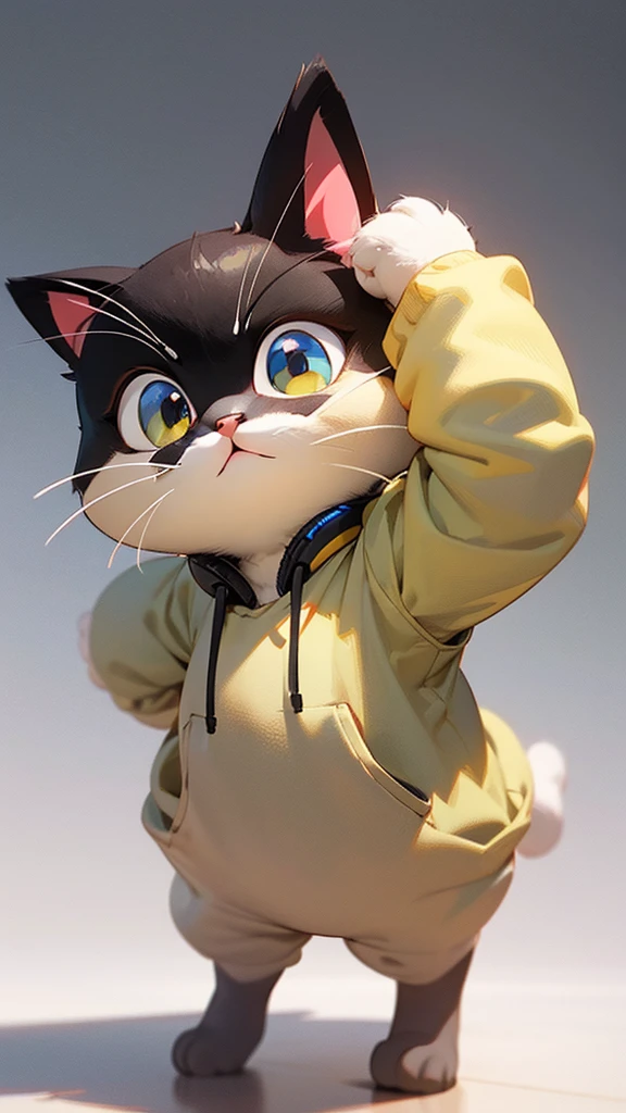 Cute cat with fluffy fur wearing one hoodie and headphones, The background is modern and inorganic, Adorable digital painting, 3D Rendering, Bright lighting, Vibrant colors,