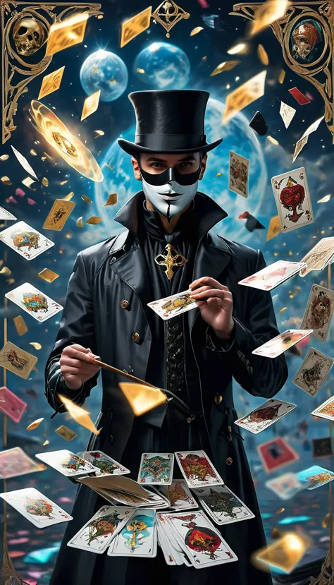 Magician in black trench coat，Wearing a mask，Tarot cards floating in the air，Tarot cards floating in the air