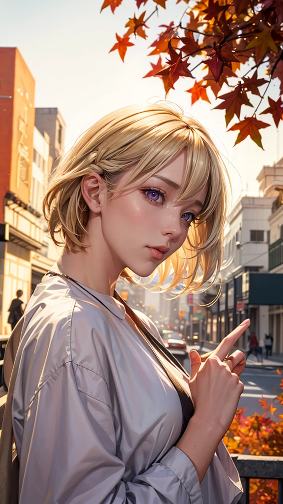 
masterpiece,best quality,1girl,face,short hair,wind,looking at viewer,citybeautiful girl wearin in oversized clothes points her finger at the viewer, long blonde hair, (upper body:1.2), autumn leaves, outdoors, volumetric light, cinematic, golden hour, natural lighting, natural lighting