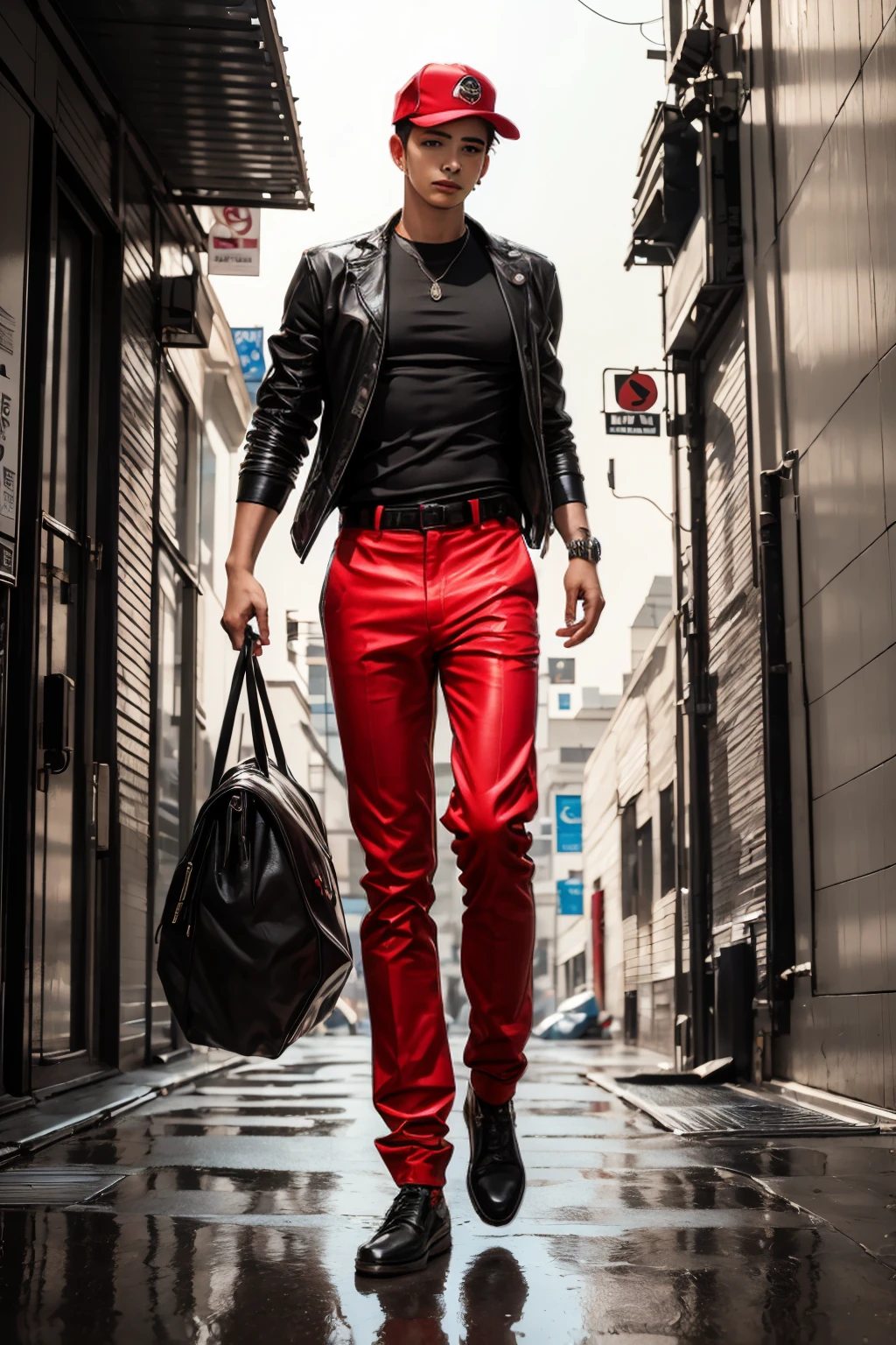 普莱诺将军, 全身, ((1名英俊的年轻人, 优雅的, 感性的:1.6)), (高分辨率:1.2),极其详细, 现实主义者, 清晰聚焦,炫耀,4K,8千, 高清. 杰作, hiper 现实主义者, 超详细,戴着红帽子, 红色迷彩, 红色运动衫, 蓝色紧身裤, 广阔, 通过卢比奥, 现代发型:1.4, 鼻唇沟 , 常设, 一半, (现实: 1.5), 赛博朋克, 氖 city, 氖, 3d, 程序网关, 体积射线, 白色巩膜, 蓝眼睛,