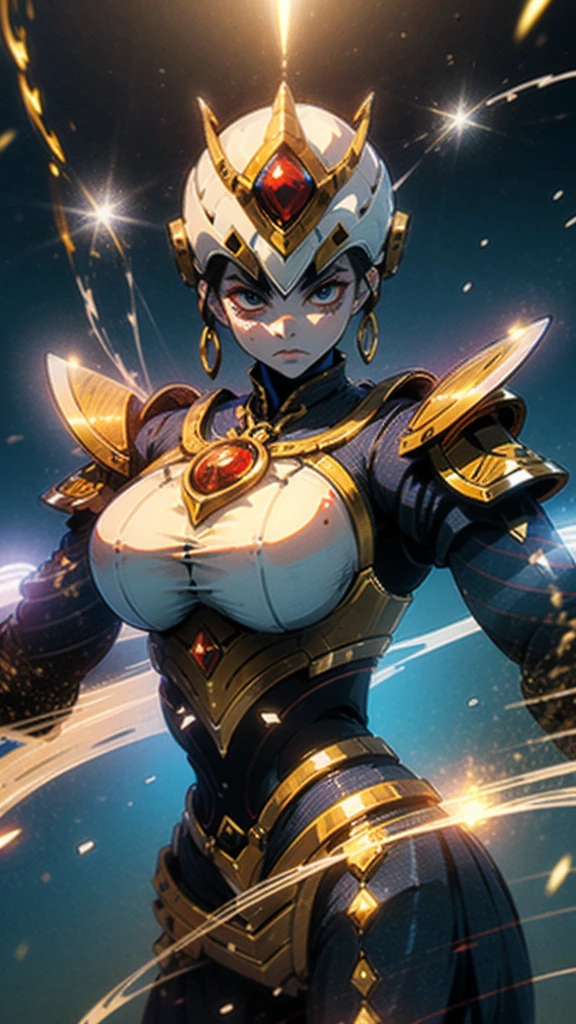 A woman adorned in fantasy-style full-body armor, a crown-concept fully enclosed helmet that unveils only her eyes, a composite layered chest plate, fully encompassing shoulder and hand guards, a lightweight waist armor, form-fitting shin guards, the overall design is heavy-duty yet flexible, ((the armor gleams with a golden glow, complemented by red and blue accents)), exhibiting a noble aura, she floats above a fantasy-surreal high-tech city, this character embodies a finely crafted fantasy-surreal style armored hero in anime style, exquisite and mature manga art style, (Queen bee mixed with Spider concept Armor, plasma, blood), ((Element, energy, elegant, goddess, femminine:1.5)), metallic, high definition, best quality, highres, ultra-detailed, ultra-fine painting, extremely delicate, professional, anatomically correct, symmetrical face, extremely detailed eyes and face, high quality eyes, creativity, RAW photo, UHD, 32k, Natural light, cinematic lighting, masterpiece-anatomy-perfect, masterpiece:1.5