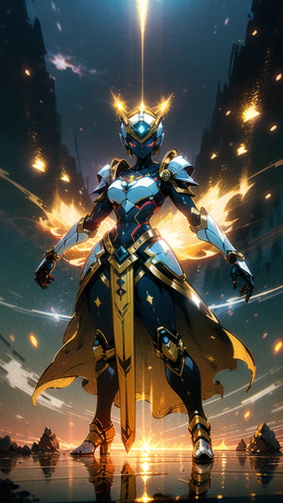 A woman adorned in fantasy-style full-body armor, a crown-concept fully enclosed helmet that unveils only her eyes, a composite layered chest plate, fully encompassing shoulder and hand guards, a lightweight waist armor, form-fitting shin guards, the overall design is heavy-duty yet flexible, ((the armor gleams with a golden glow, complemented by red and blue accents)), exhibiting a noble aura, she floats above a fantasy-surreal high-tech city, this character embodies a finely crafted fantasy-surreal style armored hero in anime style, exquisite and mature manga art style, (Queen bee mixed with Spider concept Armor, plasma, blood), ((Element, energy, elegant, goddess, femminine:1.5)), metallic, high definition, best quality, highres, ultra-detailed, ultra-fine painting, extremely delicate, professional, anatomically correct, symmetrical face, extremely detailed eyes and face, high quality eyes, creativity, RAW photo, UHD, 32k, Natural light, cinematic lighting, masterpiece-anatomy-perfect, masterpiece:1.5