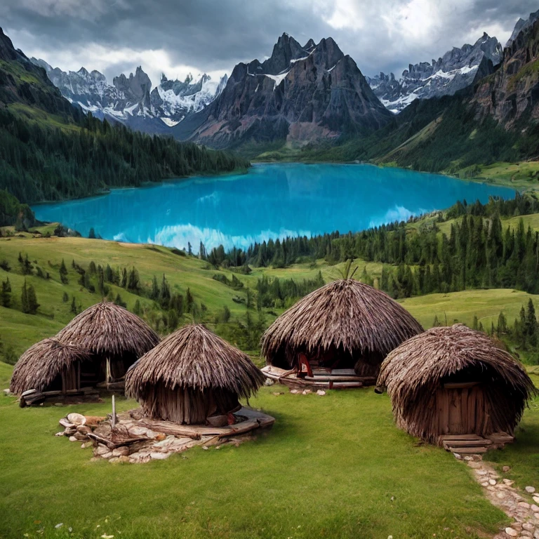 nature, Open Field, alta fantasia, Dark Fantasy, Some primitive tribal dwellings