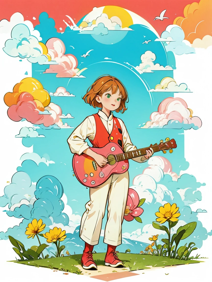 1 Girl,flower, Tree, Ground car, rabbit, outdoor, pink flower, Brown hair, cloud, Grass, Long sleeve, Sky, vest, yellow flower, Motorcycle, sky, red flower,  blue Sky, Keep, boots, house, Pants, Smile, permanent, car, Soft warm tones, Smooth lines, Simple style, unlimited color palette, Flat anime style