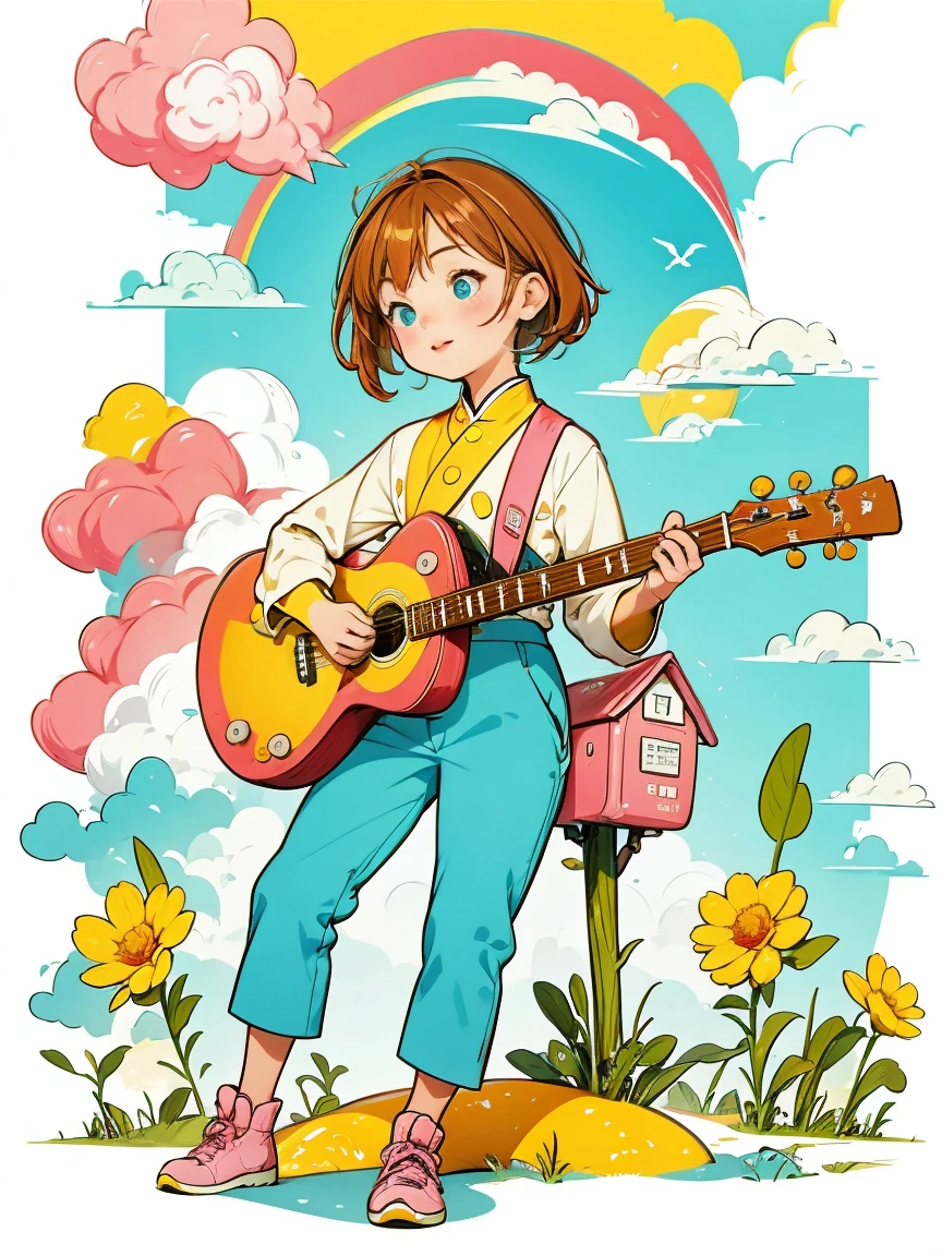 1 Girl,flower, Tree, Ground car, rabbit, outdoor, pink flower, Brown hair, cloud, Grass, Long sleeve, Sky, vest, yellow flower, Motorcycle, sky, red flower,  blue Sky, Keep, boots, house, Pants, Smile, permanent, car, Soft warm tones, Smooth lines, Simple style, unlimited color palette, Flat anime style