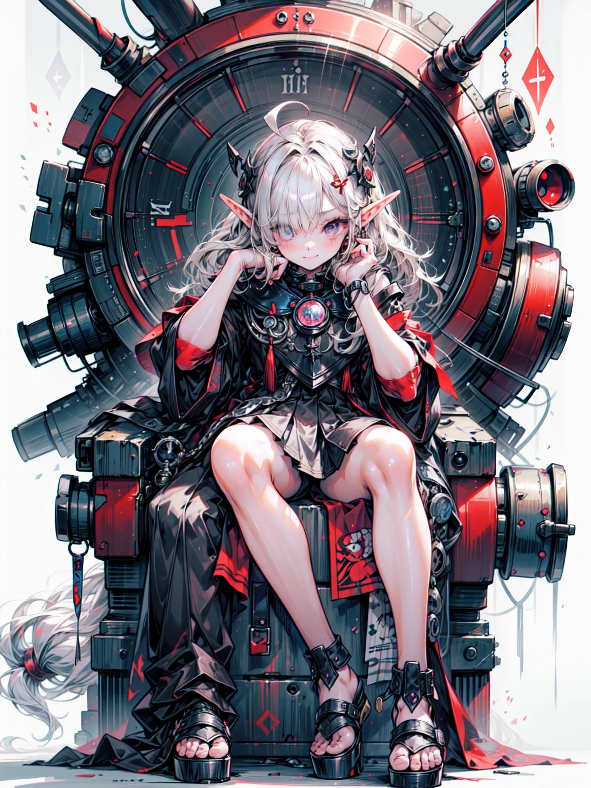 A colorful and dreamy anime-style illustration of a young girl with short red hair, sitting amidst a vibrant, mechanical landscape. She is wearing a casual outfit with mechanical leg armor, surrounded by a kaleidoscope of colors and glowing lights. The background is filled with whimsical details and a magical atmosphere. Blake、非常にdetailed (Dark Elf), (1 Girl), alone, Perfect Face, detailed, Ahoge, ((Long Hair:1.2)), (Hair above one eye:1.3), [[Messy Hair]], Shiny blonde white hair, Purple eyes, Variegated eyes, Colorful Hair, Shining Eyes, Bright Eyes, Face imprint, (eyelash, eye shadow, pink eye shadow), smile, Design Art：Haruhiko Mikimoto, by Kawashi, By Yoshitaka Amano