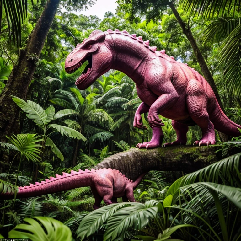 In the heart of a lush, verdant jungle, a majestic pink dinosaur stands as the guardian of its domain. With its vibrant scales glistening in the sunlight filtering through the dense canopy, it gazes out with a fierce yet curious expression, its sharp teeth bared in a silent roar. The dinosaur's long neck and powerful limbs are a testament to its strength and agility, and its large, pointed teeth hint at its carnivorous nature.

The jungle around it is a symphony of life, with towering trees reaching for the sky and a myriad of colorful plants and flowers dotting the landscape. The air is thick with the scent of exotic fruits and the hum of insects, creating a symphony of nature that fills the air.

Despite its fierce appearance, the pink dinosaur is a gentle creature at heart, known to protect the jungle's inhabitants from harm. It is said that it has a special bond with the other creatures in the jungle, and that it can communicate with them through a series of low rumbles and chirps.

As the sun sets, the pink dinosaur makes its way back to its hidden lair, where it rests until the dawn when it will once again rise to protect its jungle home. Its presence is a symbol of the jungle's resilience and the power of nature, and it is a sight to behold for any who dare to venture into its domain.