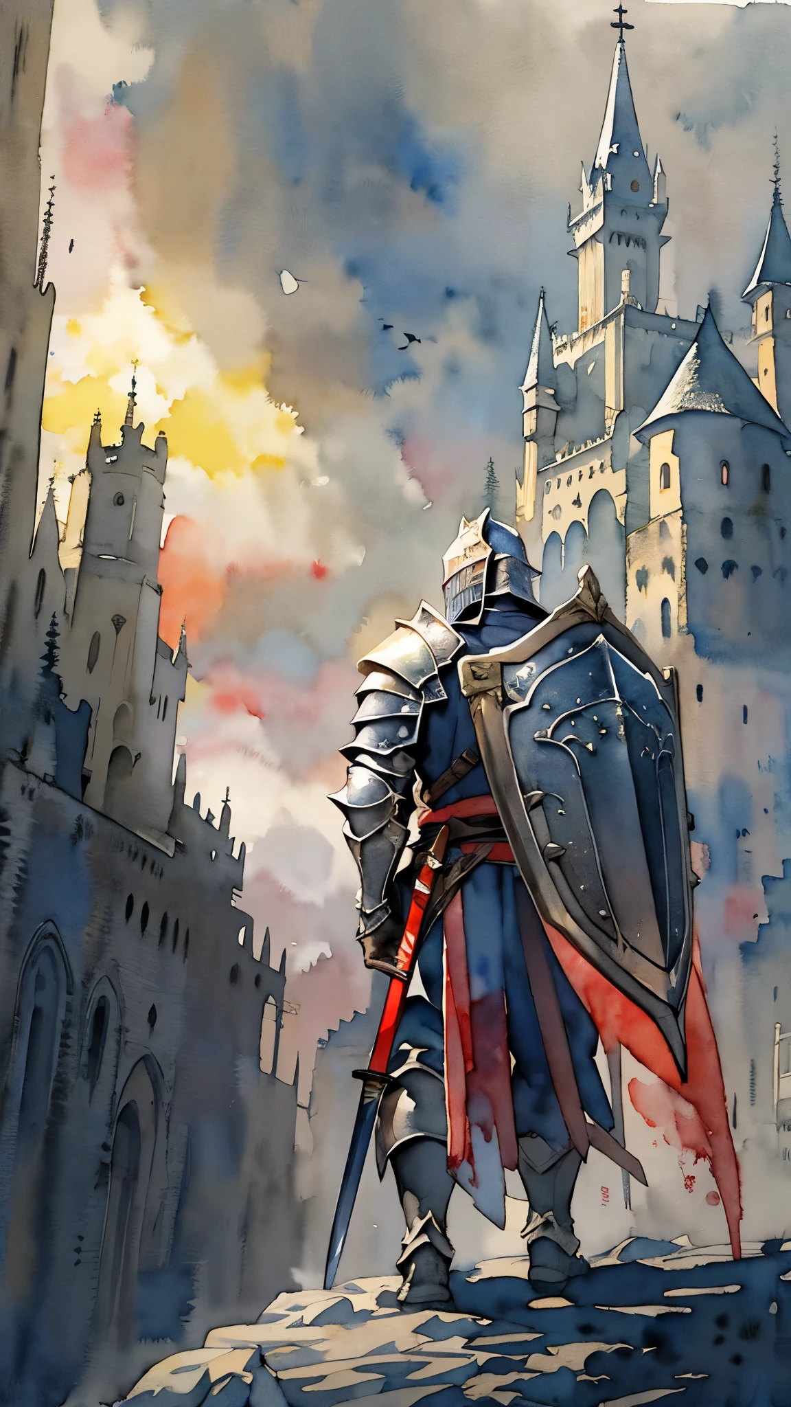 (masterpiece:1.2),(Highest quality),(Very detailedな),(Ultra-high resolution),8K,(Dark Souls Style),((watercolor)),(Holy Knight),Holy Knightの剣,Holy Knightの鎧,Holy Knightの盾,(One person: 1.5),Very detailed,The background is a gradient of white, gray and yellow,beautiful sword,Beautiful Armor,Beautiful shield,((hands)),The background is a beautiful castle in the sky