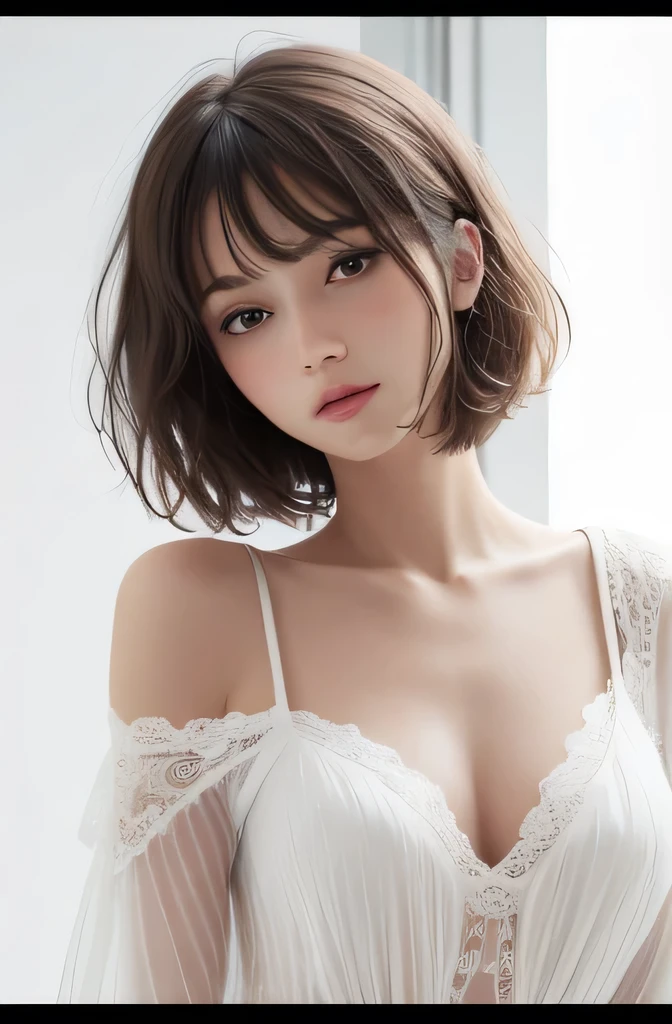 8k Ultra HD、RAWphoto、Model photo shoot、 European lace、best quality、Practical、high resolution、photo:1.3)、closure、focus on、Popular Models、Slim、30 years old adult、Small face、without make-up、short hair、Beautiful dark brown haine eyes、Real Skin、(Perfect body)、Sexy hot face、、Sexual Vision、Slim、shirt、Long sleeve、Hide your breasts、Beautiful eyes in every detail、Glossy lips、Small Breasts、Small Breasts、Bust B cup、((Bright Light、Dynamic Lighting、real、超real、 Realism、Realistic details、Cruel beauty、Cool pose、Background white、Pure white background