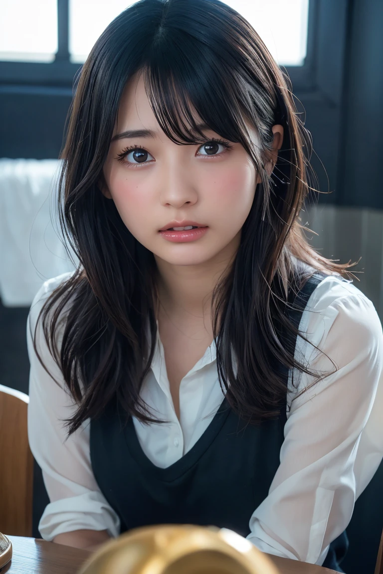 ((Upper Body:1.3)).Blown by the long wind [Blue-black:.3] hair,Looking at the audience, (Tabletop:1.3), (8K, Realistic, RAW Photos, Highest quality: 1.4), Japanese, (1 Girl), Beautiful Face, (Realistic face),{Wavy medium hair|Front hair long bob|short hair with long bangs}{Black hair|Brown hair|Blonde hair}, Beautiful hairstyle, Realistic eyes, Beautiful and beautiful eyes, (Realistic skin), Beautiful Skin, charm, Ultra-high resolution, Surreal, Very detailed, Golden Ratio,Female student peeing in the toilet、shame(Blushing:1.3),Upper Bodyは裸、Nipples sticking out