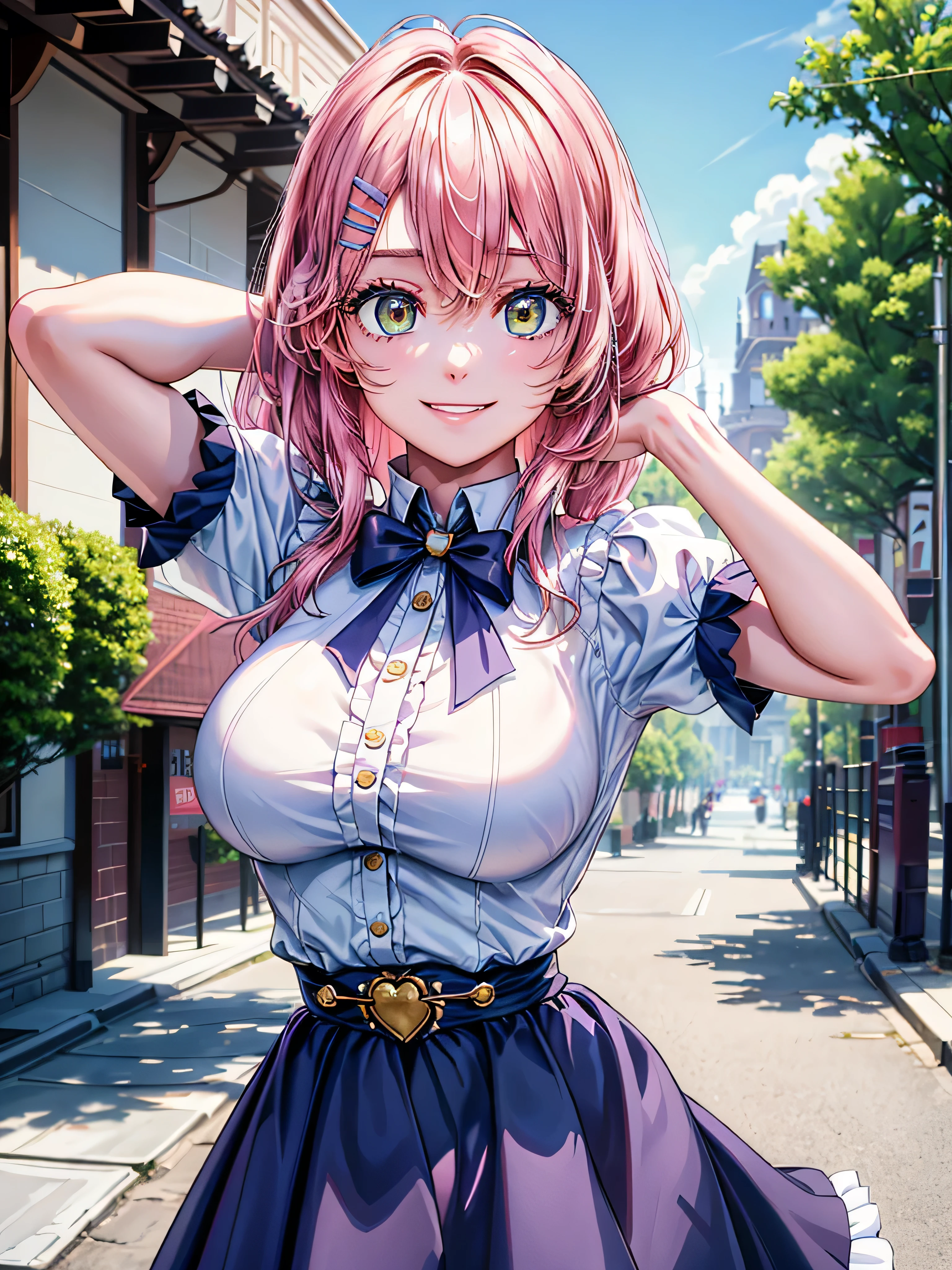 best image quality, (masterpiece:1.2), ultra detailed, exquisite, cowboy shot, high quality, Beautiful art, One Girl, looking at viewers, (leaning forward:1.5), arms behind back,  ((1, Big Breasts, Giant bust:1.2)), fair skin, beautiful skin, Detailed teeth, Light green eye rest, Meticulous Eyelash Details, twinkle(in the eyes), Pastel pink French Braid, thin, smile, Heartily laugh, Fashionable clothes、(white ruffled blouse:1.1)、White collared shirt, (dark blue high-waist skirt:1.5), (Short sleeve shirt:1.1), from above,  in a town