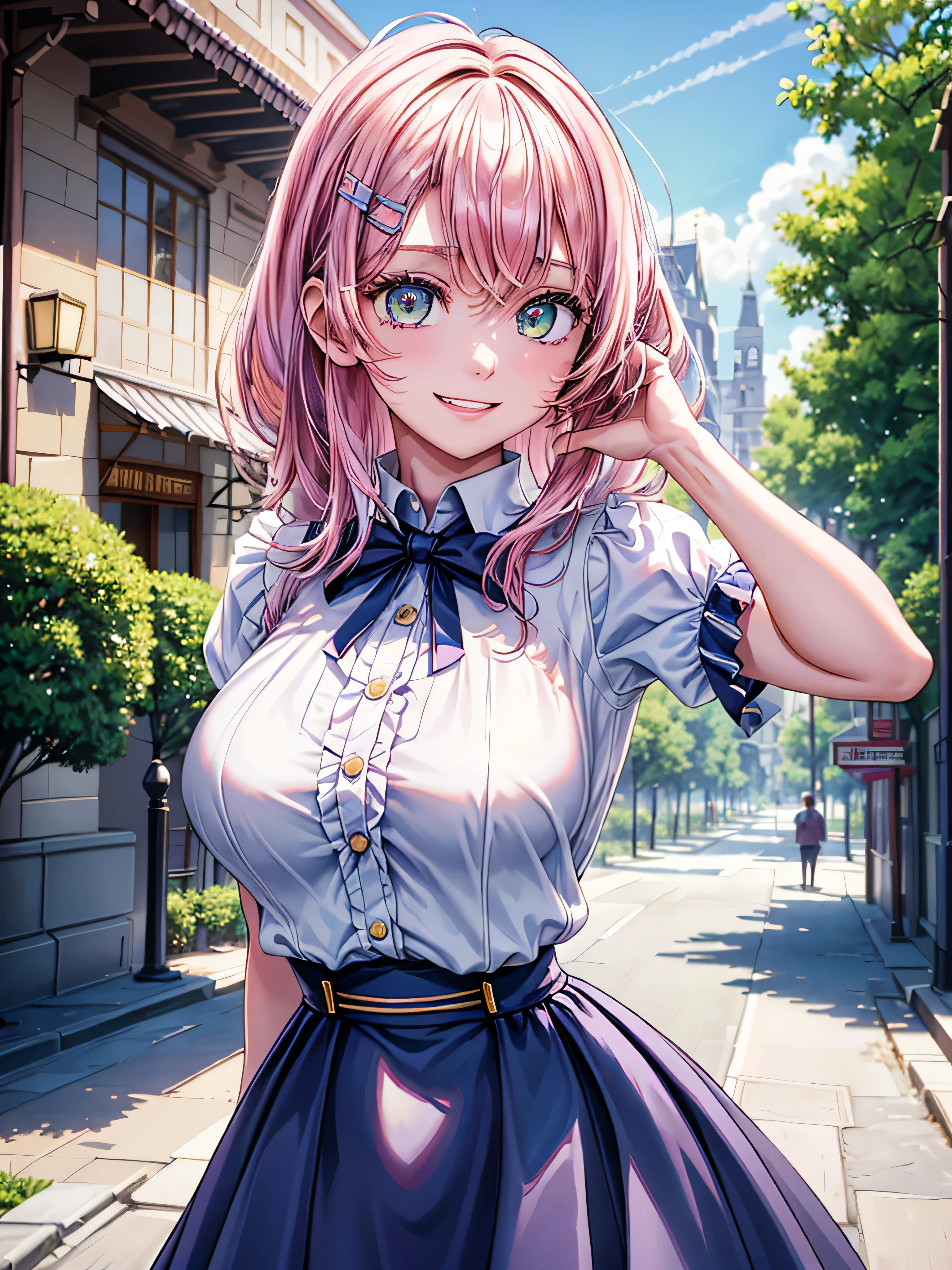 best image quality, (masterpiece:1.2), ultra detailed, exquisite, cowboy shot, high quality, Beautiful art, One Girl, looking at viewers, (leaning forward:1.5), arms behind back,  ((1, Big Breasts, Giant bust:1.2)), fair skin, beautiful skin, Detailed teeth, Light green eye rest, Meticulous Eyelash Details, twinkle(in the eyes), Pastel pink French Braid, thin, smile, Heartily laugh, Fashionable clothes、(white ruffled blouse:1.1)、White collared shirt, (dark blue high-waist skirt:1.5), (Short sleeve shirt:1.1), from above,  in a town