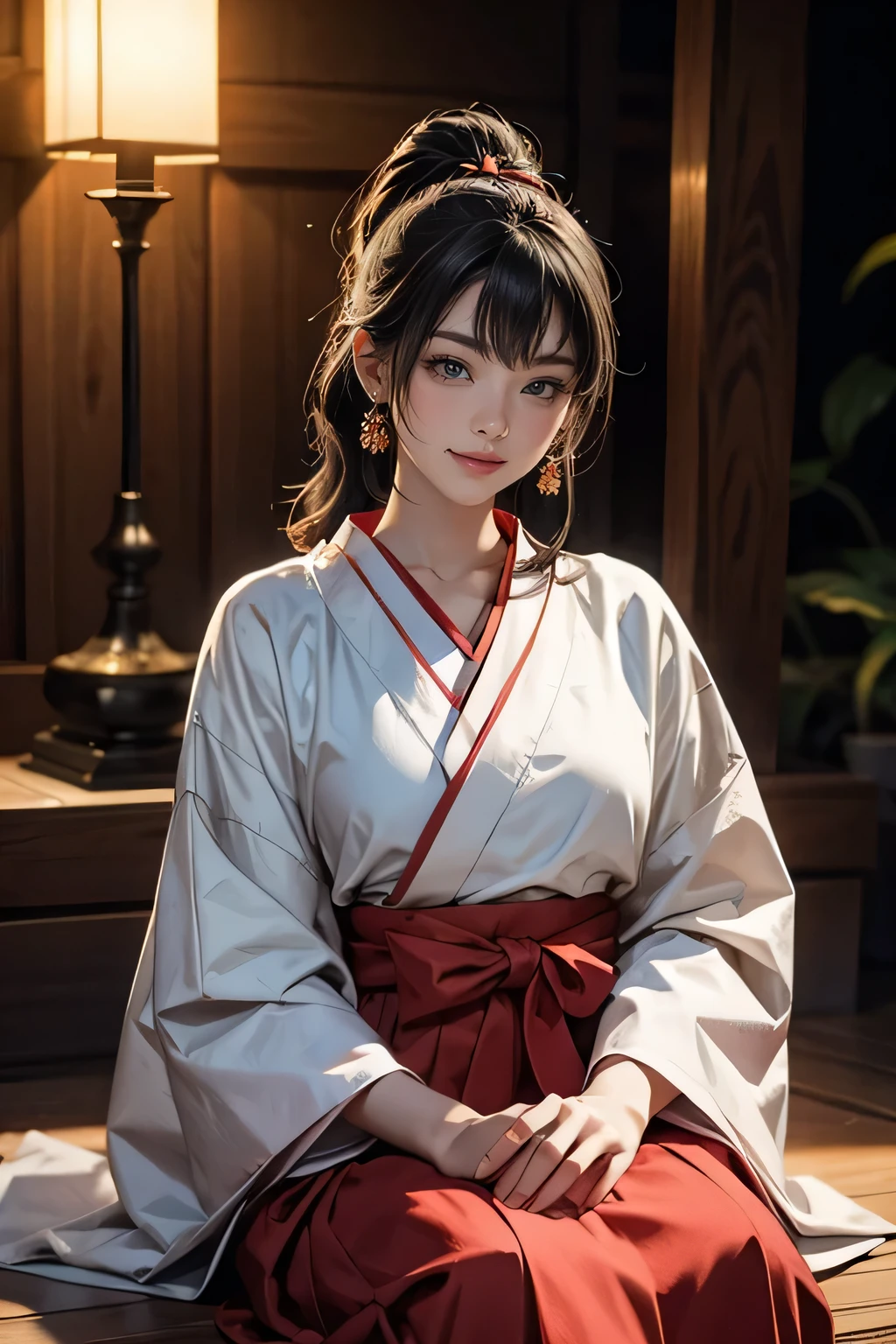 a beautiful young miko girl sitting in a shrine, smiling, wearing a hakama skirt, detailed portrait, best quality, 8k, hyperrealistic, intricate details, warm lighting, vibrant colors, serene atmosphere, natural scenery, ornate architecture, elegant pose, photorealistic, masterpiece