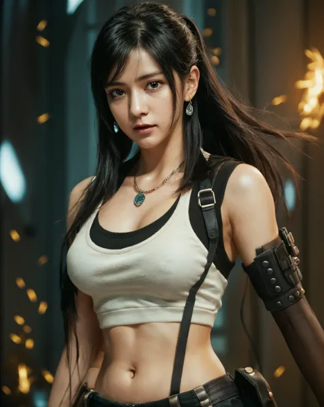 a close up of a woman in a white top and black pants, seductive tifa lockhart portrait, tifa lockhart, (highly detailed face:1.4...