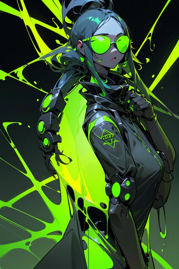 Black workwear jumpsuit、Costume with glowing yellow-green linesを着た女性, cyber punk, Hard Rock Metal, Mosh Pit, (Highest quality,4K,8K,High resolution,masterpiece:1.2),Live Stage、Costume with glowing yellow-green lines、Large sunglasses,Punkish hairstyle、Full body portrait
