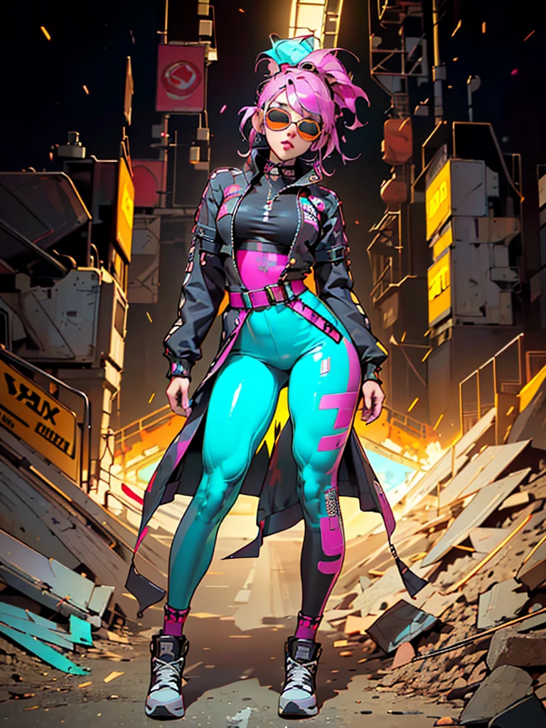 Workwear jumpsuit、A woman wearing a costume with glowing lines, cyber punk, rock punk, Mosh Pit, (Highest quality,4K,8K,High resolution,masterpiece:1.2),Live Stage、Costume with glowing lines、Large sunglasses,Punkish hairstyle、Full body portrait
