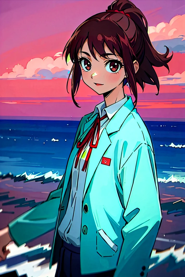 (masterpiece, best quality:1.2), samidare asahina, 1girl, brown eyes, brown hair, jacket, long sleeves, neck ribbon, ocean, red sky, dawn, ponytail, red ribbon, ribbon, , shirt, short hair, solo, sunset, white shirt