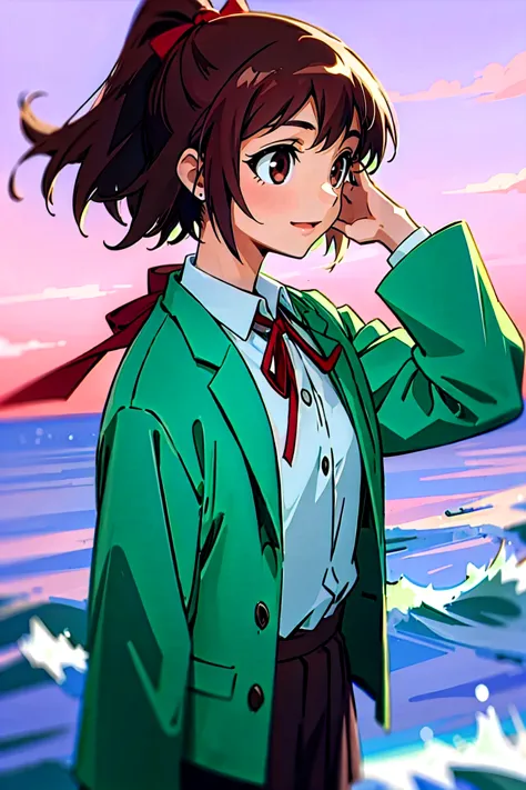 (masterpiece, best quality:1.2), samidare asahina, 1girl, brown eyes, brown hair, jacket, long sleeves, neck ribbon, ocean, red ...