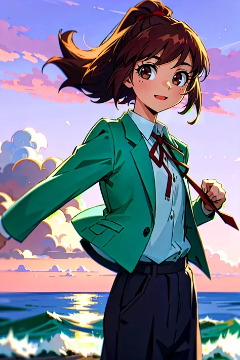 (masterpiece, best quality:1.2), samidare asahina, 1girl, brown eyes, brown hair, jacket, long sleeves, neck ribbon, ocean, red ...