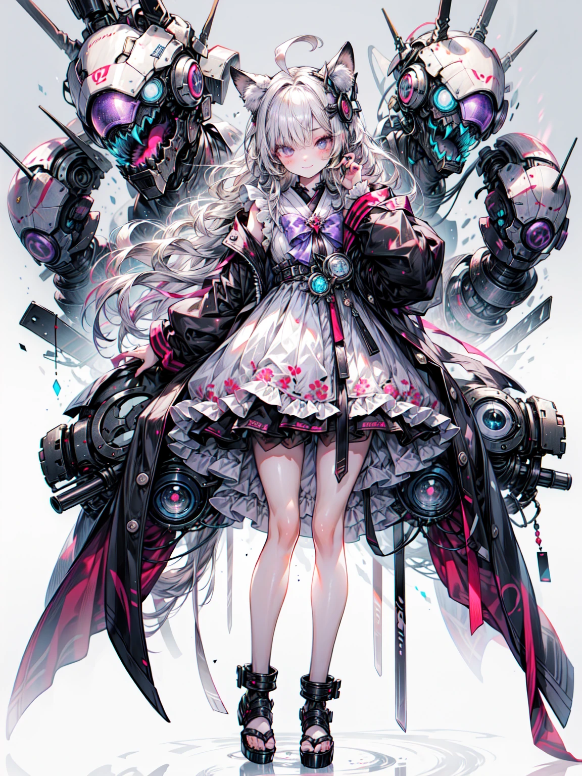 cute gyaru, dark, futuristic silhouette of cyborg Japanese maid uniform, holding samurai sword, full body, innocent downcast, standing on reflective surface against minimalist light grey background、Blake、非常にdetailed (Dark Elf), (1 Girl), alone, Perfect Face, detailed, Ahoge, ((Long Hair:1.2)), (Hair above one eye:1.3), [[Messy Hair]], Shiny blonde white hair, Purple eyes, Variegated eyes, Colorful Hair, Shining Eyes, Bright Eyes, Face imprint, (eyelash, eye shadow, pink eye shadow), smile, Design Art：Haruhiko Mikimoto, by Kawashi, By Yoshitaka Amano