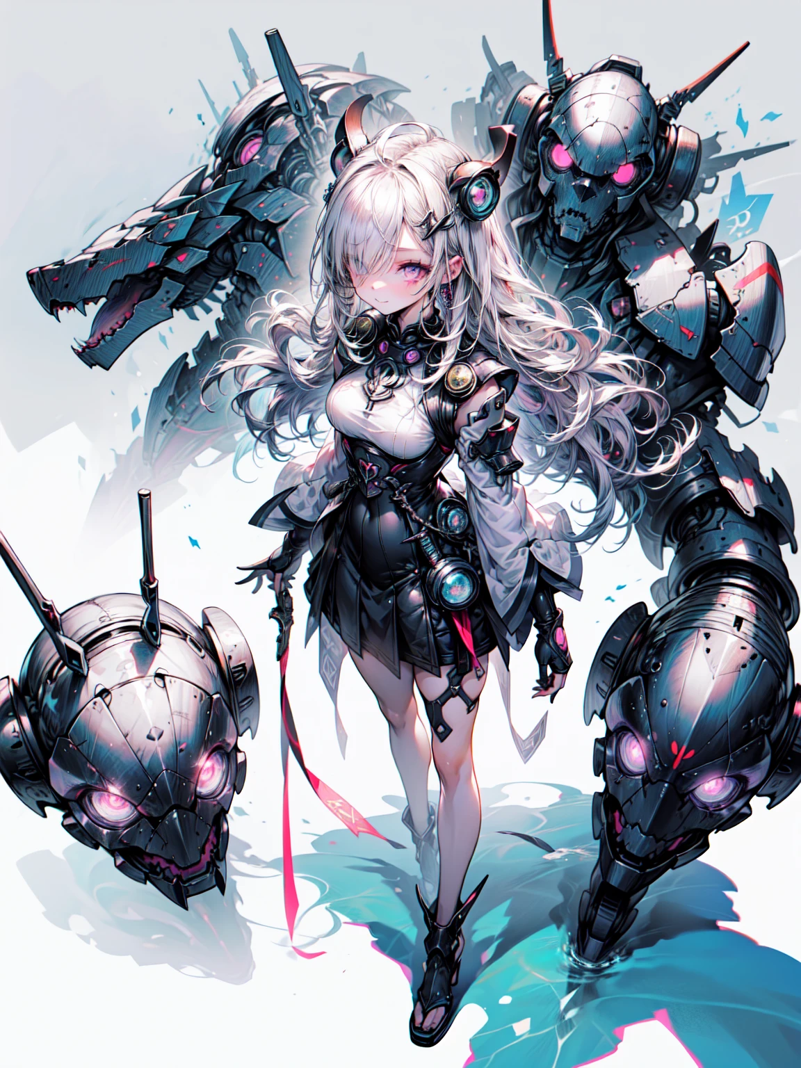 cute gyaru, dark, futuristic silhouette of cyborg Japanese maid uniform, holding samurai sword, full body, innocent downcast, standing on reflective surface against minimalist light grey background、Blake、非常にdetailed (Dark Elf), (1 Girl), alone, Perfect Face, detailed, Ahoge, ((Long Hair:1.2)), (Hair above one eye:1.3), [[Messy Hair]], Shiny blonde white hair, Purple eyes, Variegated eyes, Colorful Hair, Shining Eyes, Bright Eyes, Face imprint, (eyelash, eye shadow, pink eye shadow), smile, Design Art：Haruhiko Mikimoto, by Kawashi, By Yoshitaka Amano