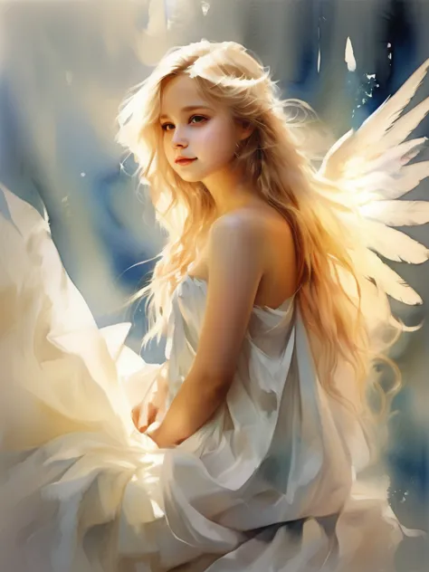 (((watercolor)))1 angel girl facing forward, beautiful wings on the back、blonde, long hair, alone、smile、magic, strapless white d...