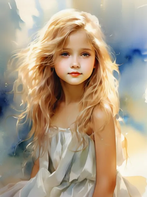 (((watercolor)))1 angel girl facing forward, beautiful wings on the back、blonde, long hair, alone、smile、magic, strapless white d...