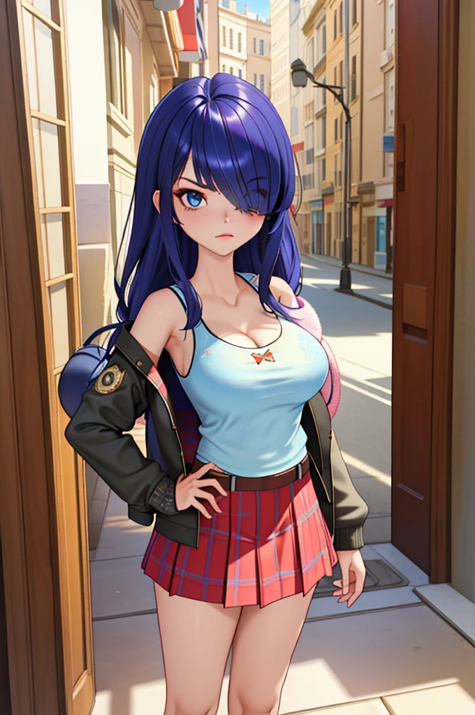 (8k, RAW photo, best quality, masterpiece:1.2), (intricate details), perfect eyes, perfect face, perfect lighting, beautiful, (masterpiece:1.2), (best quality:1.2), 1girl, solo, marinette, blue hair, ((long loosen hair, bangs over one eye )), adult torso, 19 years old, angry, huge sized breasts, (tank top, denim jacket, red skirt), cowboy shot, 3DMM, standing, front view, 